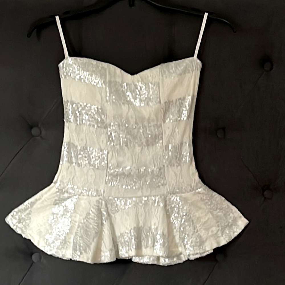Strapless Lace Sequin Peplum Top/Ivory with Silver Sequins/Zipper Back